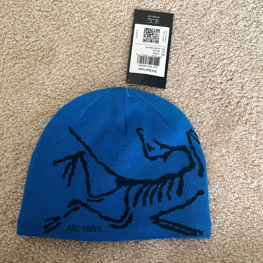 Arcteryx toque bird head beanie black logo blue base brand new